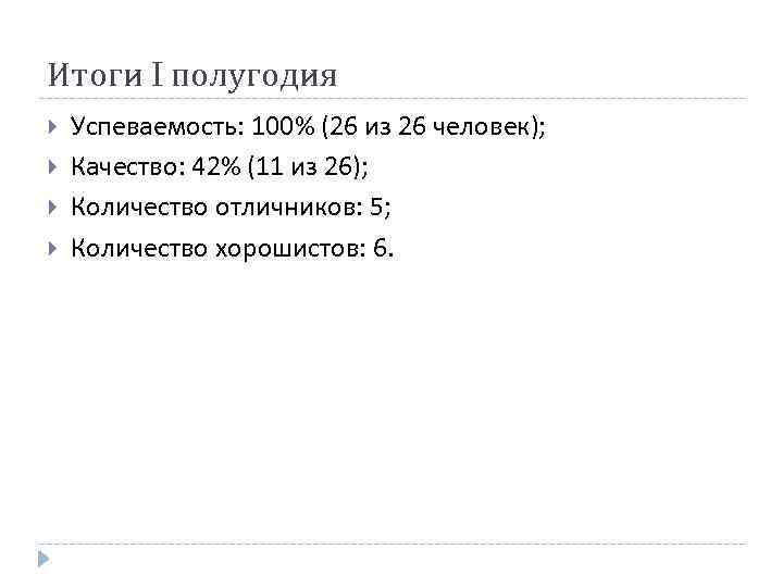 Итоги I полугодия Успеваемость: 100% (26 из 26 человек); Качество: 42% (11 из 26);