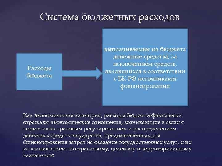 Система бюджетных расходов Расходы бюджета выплачиваемые из бюджета денежные средства, за исключением средств, являющихся