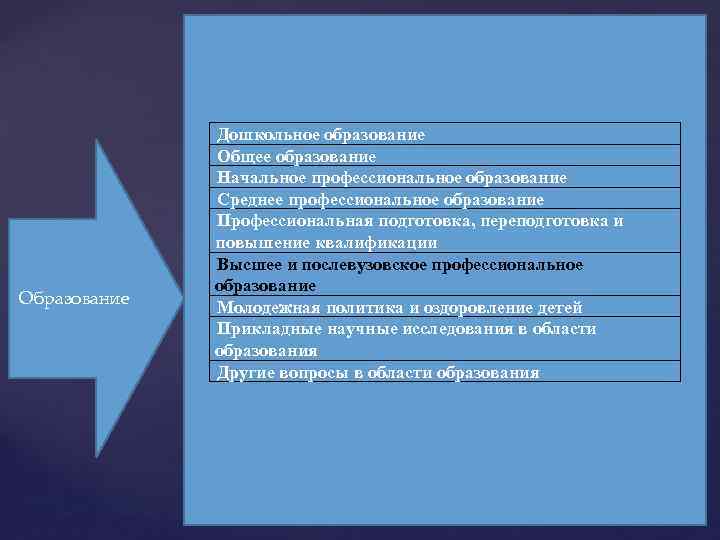 Образование Дошкольное образование Общее образование Начальное профессиональное образование Среднее профессиональное образование Профессиональная подготовка, переподготовка