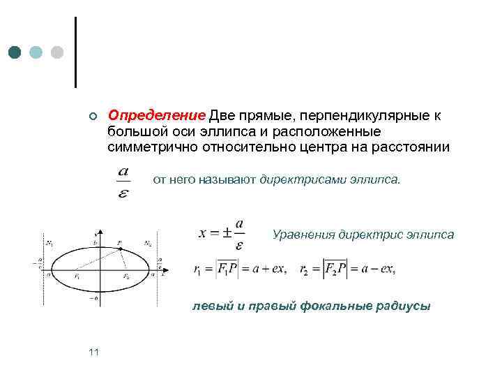 ¢ Определение Две прямые, перпендикулярные к большой оси эллипса и расположенные симметрично относительно центра