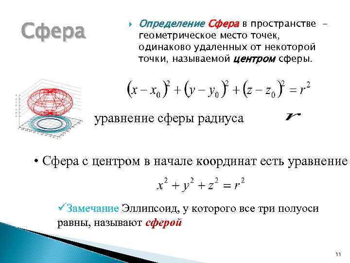 Сфера Определение Сфера в пространстве геометрическое место точек, одинаково удаленных от некоторой точки, называемой