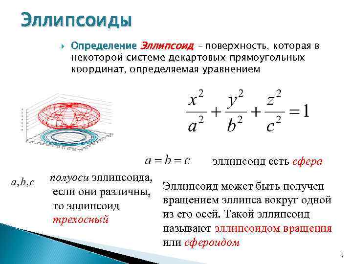 Эллипсоиды Определение Эллипсоид – поверхность, которая в некоторой системе декартовых прямоугольных координат, определяемая уравнением