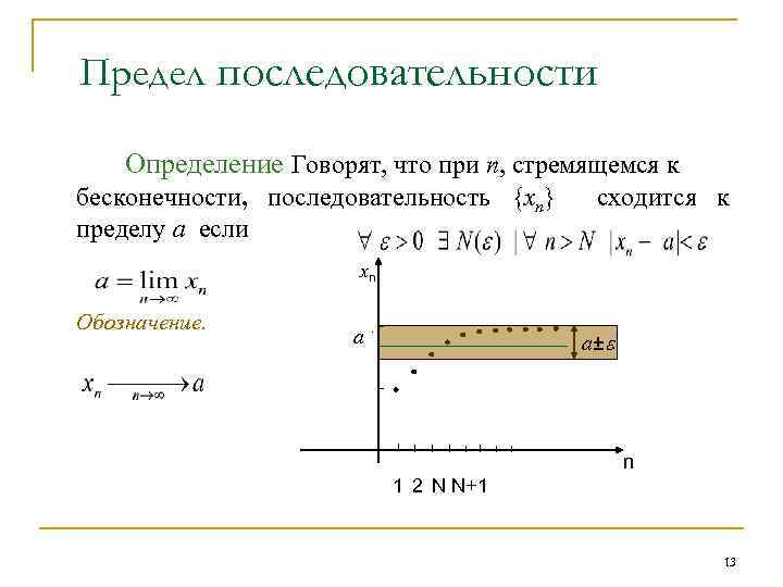 Предел последовательности Определение Говорят, что при n, стремящемся к бесконечности, последовательность {xn} сходится к