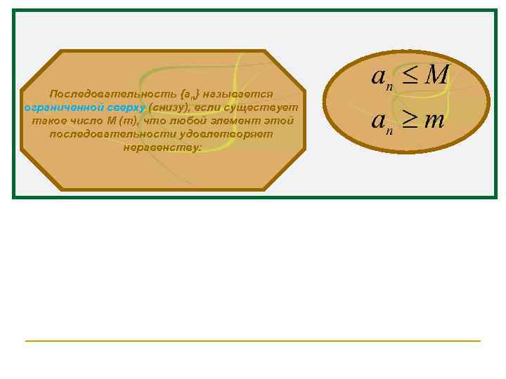 Последовательность {an} называется ограниченной сверху (снизу), если существует такое число М (m), что любой