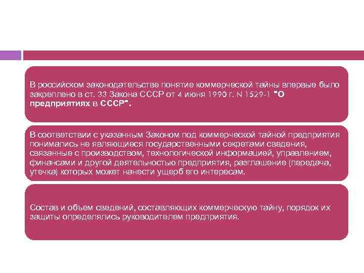 В российском законодательстве понятие коммерческой тайны впервые было закреплено в ст. 33 Закона СССР