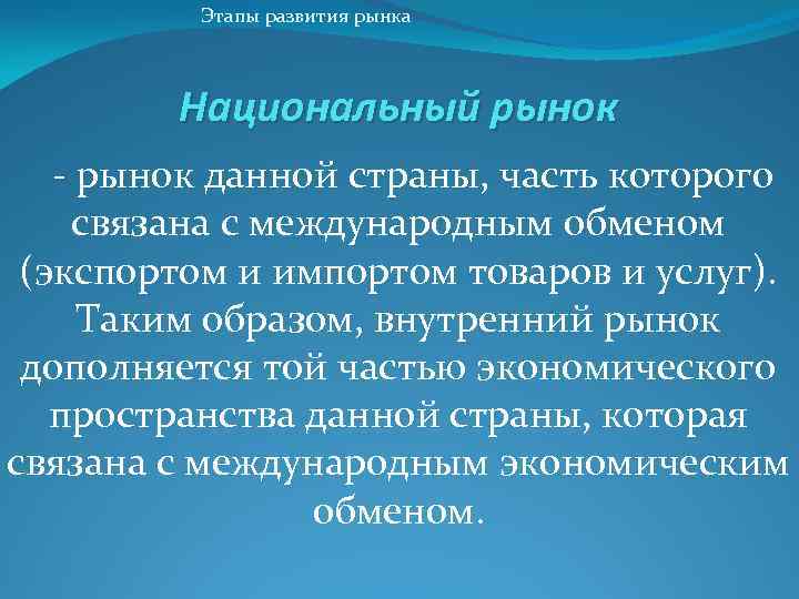 Этапы развития рынка Национальный рынок - рынок данной страны, часть которого связана с международным