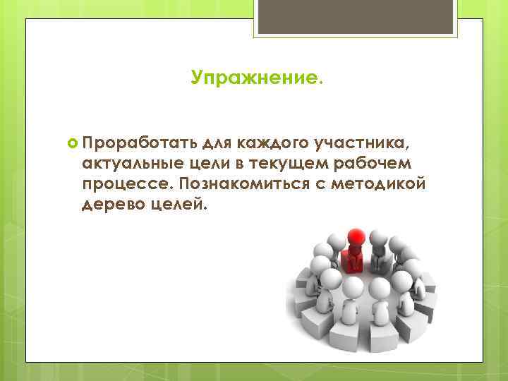 Упражнение. Проработать для каждого участника, актуальные цели в текущем рабочем процессе. Познакомиться с методикой