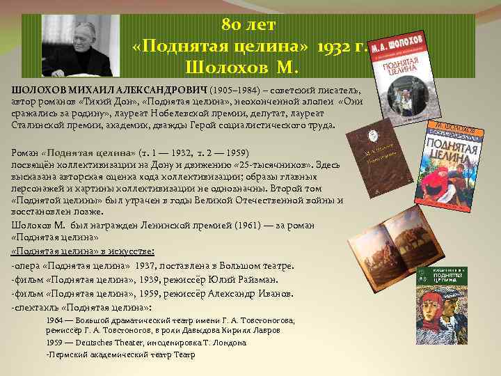 80 лет «Поднятая целина» 1932 г. Шолохов М. ШОЛОХОВ МИХАИЛ АЛЕКСАНДРОВИЧ (1905– 1984) –