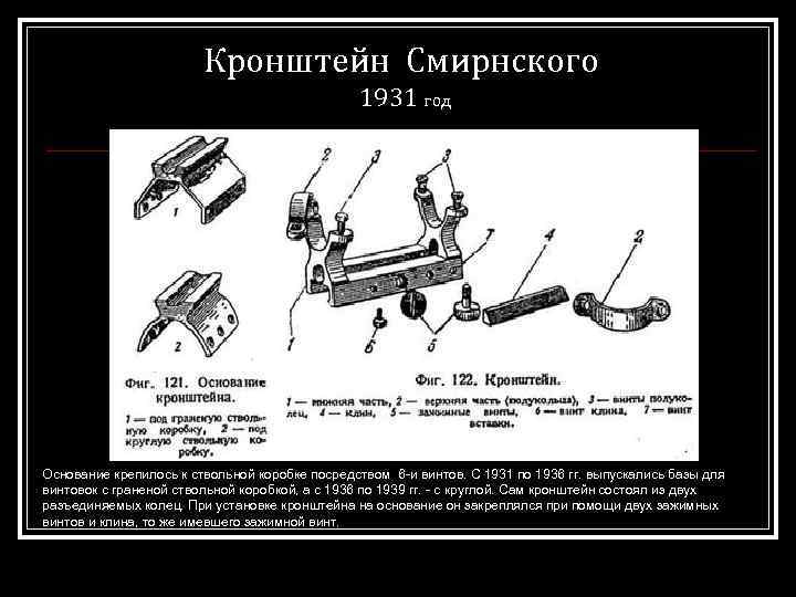 Кронштейн Смирнского 1931 год Основание крепилось к ствольной коробке посредством 6 -и винтов. С
