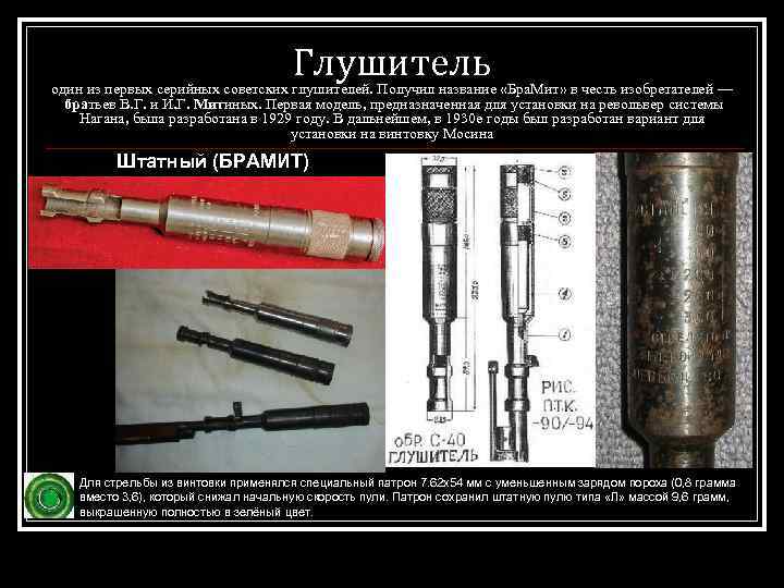 Глушитель один из первых серийных советских глушителей. Получил название «Бра. Мит» в честь изобретателей