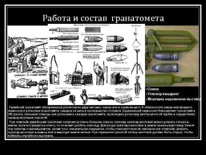 Работа и состав гранатомета - Сошка - Угломер-квадрант - Мортирка надеваемая на ствол Ружейный