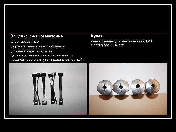 Защелка крышки магазина Курок слева довоенные Справа военные и послевоенные у ранней головка защёлки