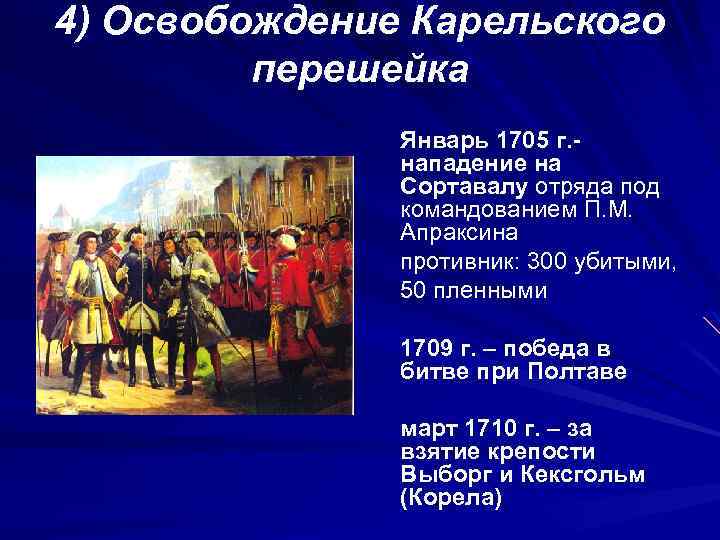 4) Освобождение Карельского перешейка Январь 1705 г. нападение на Сортавалу отряда под командованием П.