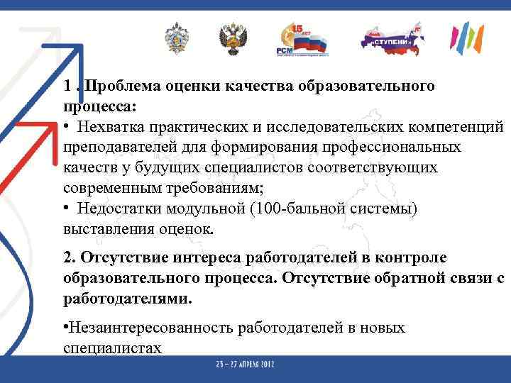 1. Проблема оценки качества образовательного процесса: • Нехватка практических и исследовательских компетенций преподавателей для