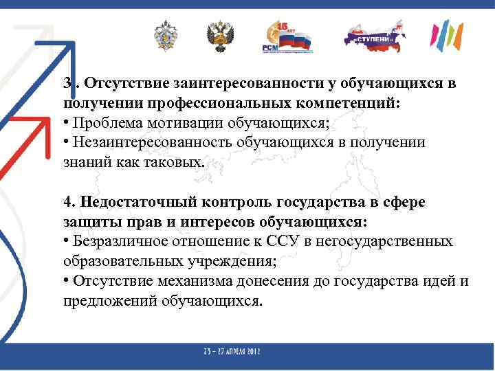 3. Отсутствие заинтересованности у обучающихся в получении профессиональных компетенций: • Проблема мотивации обучающихся; •