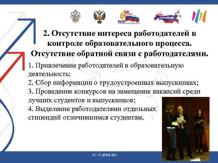 2. Отсутствие интереса работодателей в контроле образовательного процесса. Отсутствие обратной связи с работодателями. 1.
