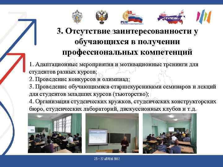 3. Отсутствие заинтересованности у обучающихся в получении профессиональных компетенций 1. Адаптационные мероприятия и мотивационные