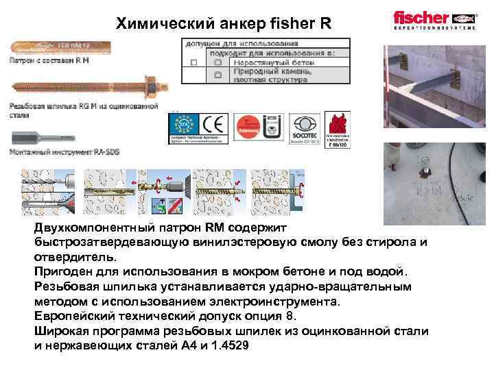 Химический анкер fisher R Двухкомпонентный патрон RM содержит быстрозатвердевающую винилэстеровую смолу без стирола и