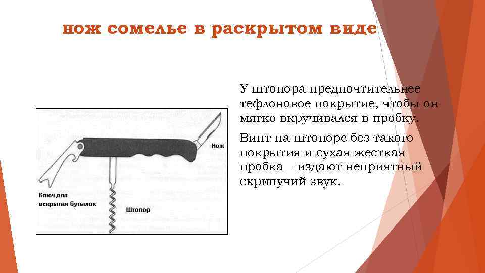 нож сомелье в раскрытом виде У штопора предпочтительнее тефлоновое покрытие, чтобы он мягко вкручивался