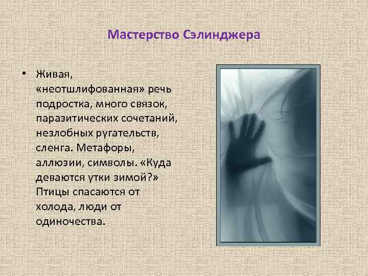 Мастерство Сэлинджера • Живая, «неотшлифованная» речь подростка, много связок, паразитических сочетаний, незлобных ругательств, сленга.