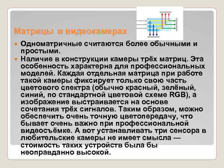 Матрицы в видеокамерах Одноматричные считаются более обычными и простыми. Наличие в конструкции камеры трёх