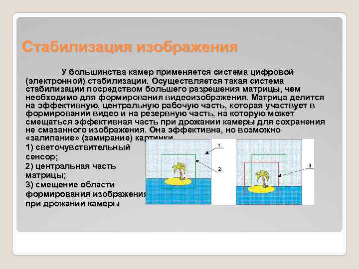 Стабилизация изображения У большинства камер применяется система цифровой (электронной) стабилизации. Осуществляется такая система стабилизации
