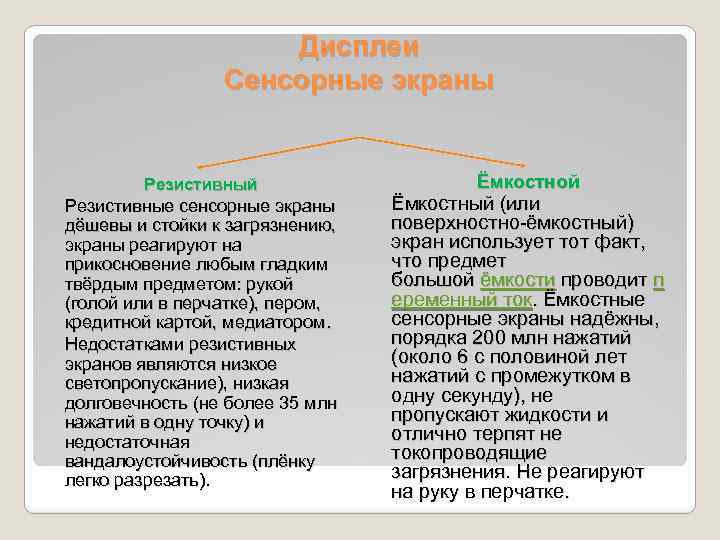 Дисплеи Сенсорные экраны Резистивный Резистивные сенсорные экраны дёшевы и стойки к загрязнению, экраны реагируют
