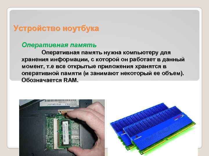 Устройство ноутбука Оперативная память нужна компьютеру для хранения информации, с которой он работает в