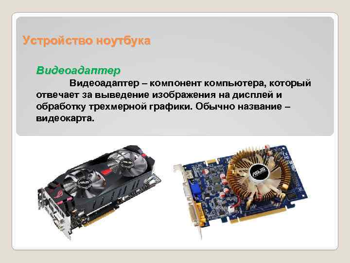 Устройство ноутбука Видеоадаптер – компонент компьютера, который отвечает за выведение изображения на дисплей и