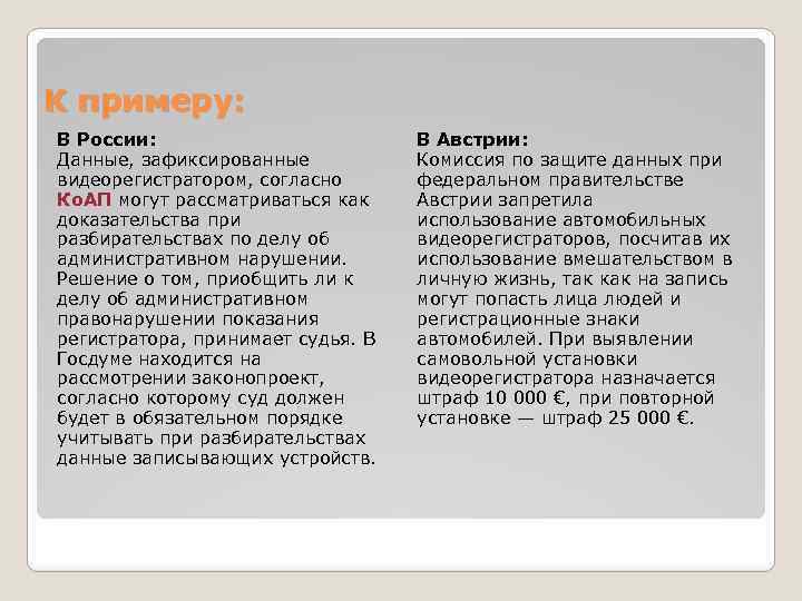 К примеру: В России: Данные, зафиксированные видеорегистратором, согласно Ко. АП могут рассматриваться как доказательства