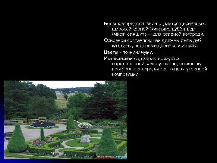 Большое предпочтение отдается деревьям с широкой кроной (кипарис, дуб); лавр (мирт, самшит) — для