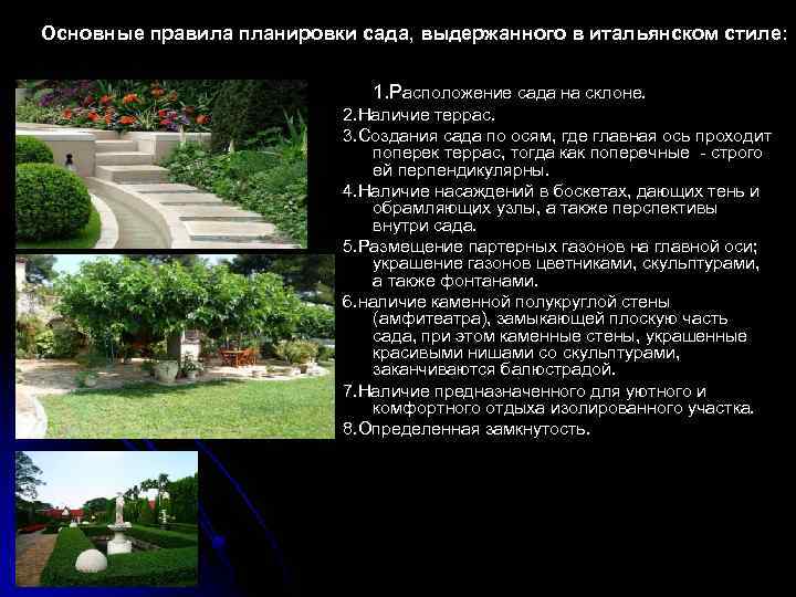 Основные правила планировки сада, выдержанного в итальянском стиле: 1. Расположение сада на склоне. 2.