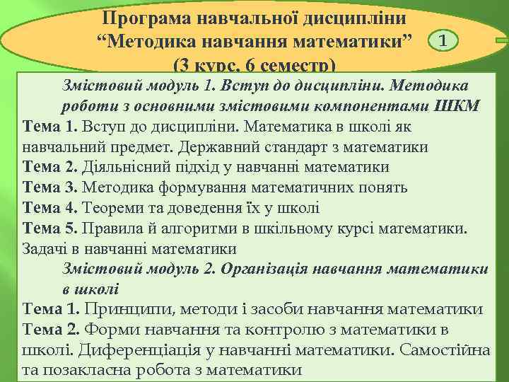 Програма навчальної дисципліни “Методика навчання математики” (3 курс, 6 семестр) 1 Змістовий модуль 1.