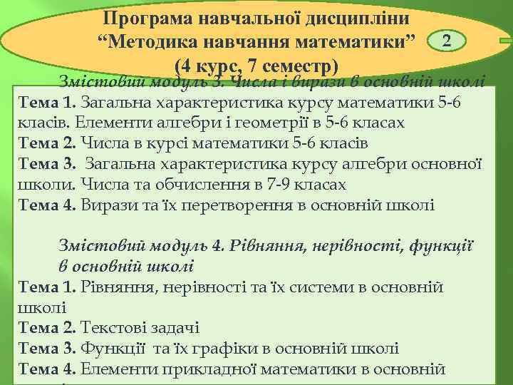 Програма навчальної дисципліни “Методика навчання математики” (4 курс, 7 семестр) 2 Змістовий модуль 3.