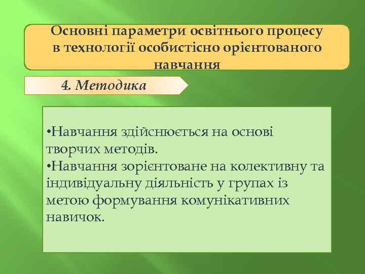 Основні параметри освітнього процесу в технології особистісно орієнтованого навчання 4. Методика • Навчання здійснюється
