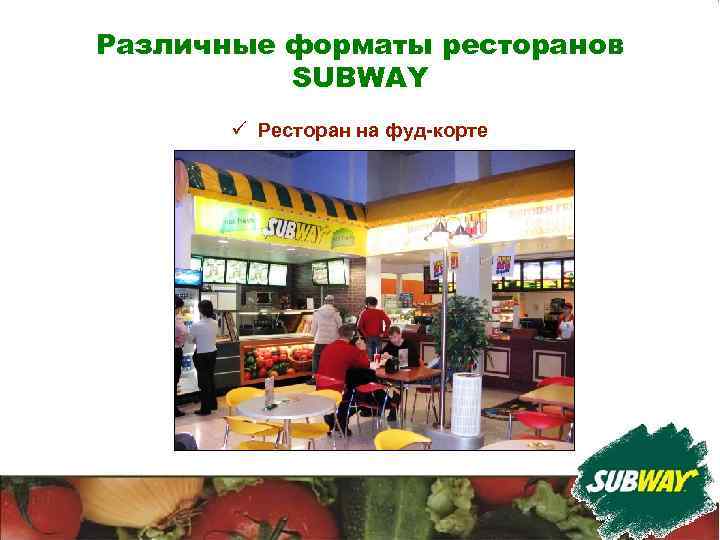 Различные форматы ресторанов SUBWAY ü Ресторан на фуд-корте 