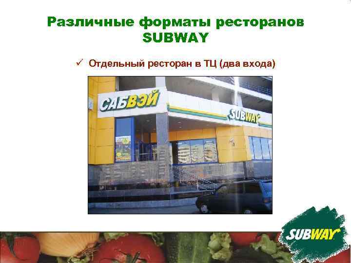 Различные форматы ресторанов SUBWAY ü Отдельный ресторан в ТЦ (два входа) 
