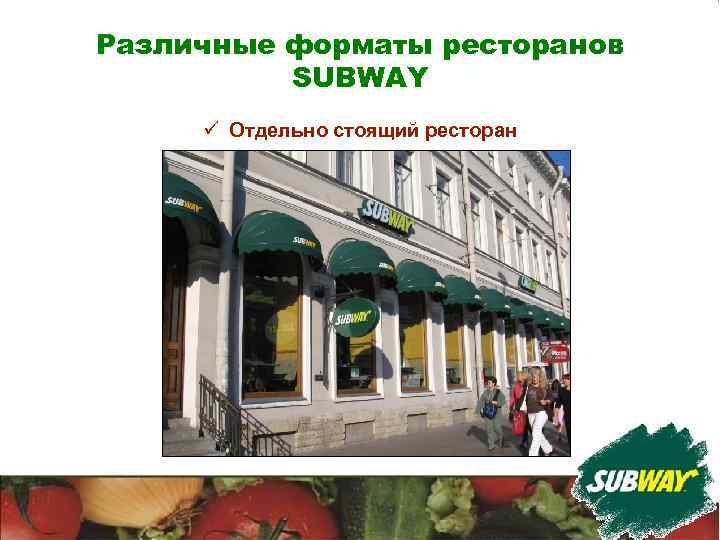 Различные форматы ресторанов SUBWAY ü Отдельно стоящий ресторан 