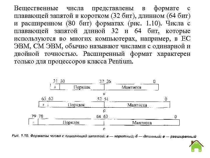 Вещественные числа представлены в формате с плавающей запятой в коротком (32 бит), длинном (64