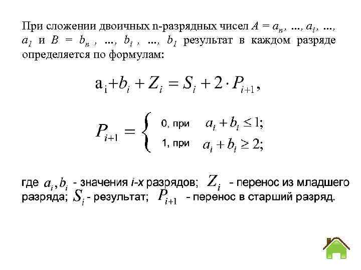 При сложении двоичных n разрядных чисел A = an , …, ai , …,