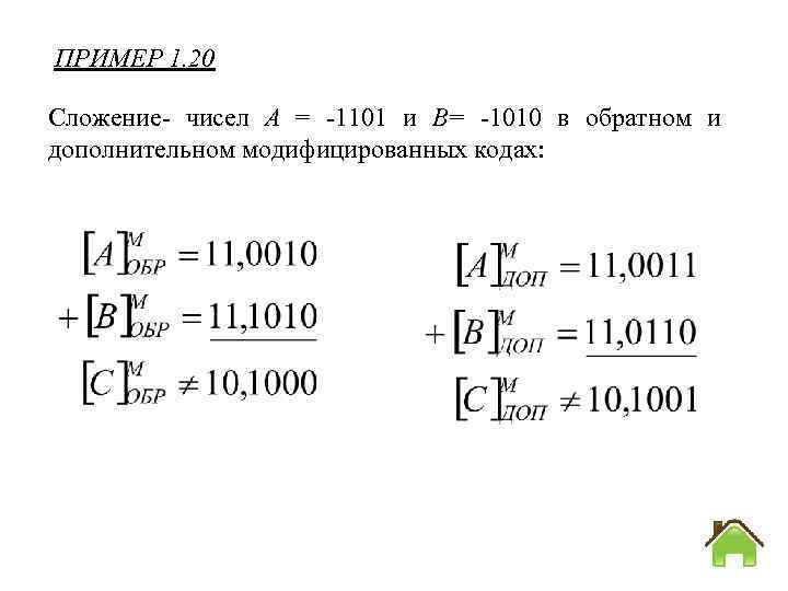 ПРИМЕР 1. 20 Сложение чисел А = 1101 и В= -1010 в обратном и