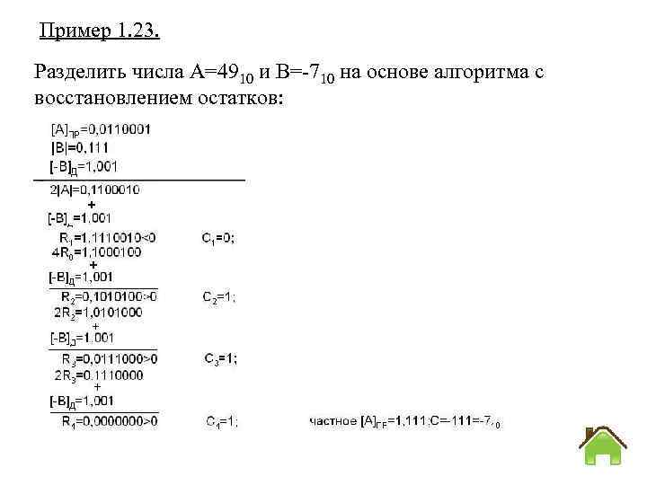 Пример 1. 23. Разделить числа А=4910 и B= 710 на основе алгоритма c восстановлением