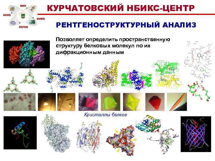 КУРЧАТОВСКИЙ НБИКС-ЦЕНТР РЕНТГЕНОСТРУКТУРНЫЙ АНАЛИЗ Позволяет определить пространственную структуру белковых молекул по их дифракционным данным