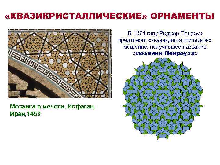  «КВАЗИКРИСТАЛЛИЧЕСКИЕ» ОРНАМЕНТЫ В 1974 году Роджер Пенроуз предложил «квазикристаллическое» мощение, получившее название «мозаики