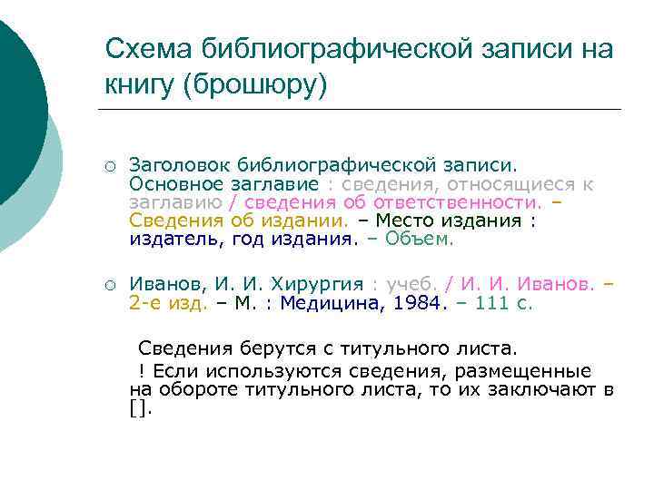 Схема библиографической записи на книгу (брошюру) ¡ Заголовок библиографической записи. Основное заглавие : сведения,