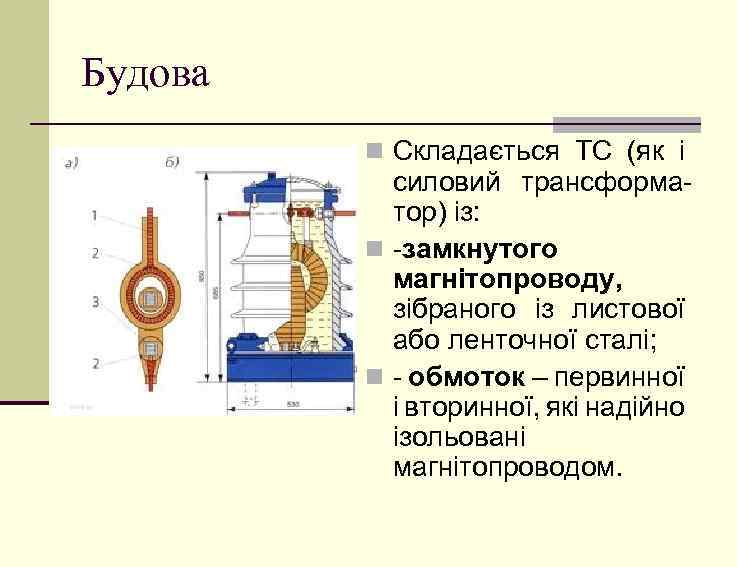 Будова n Складається ТС (як і силовий трансформатор) із: n -замкнутого магнітопроводу, зібраного із