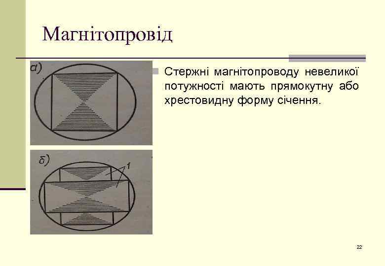 Магнітопровід n Стержні магнітопроводу невеликої потужності мають прямокутну або хрестовидну форму січення. 22 