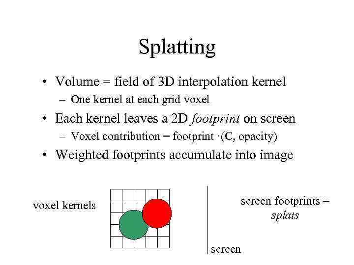 Splatting • Volume = field of 3 D interpolation kernel – One kernel at