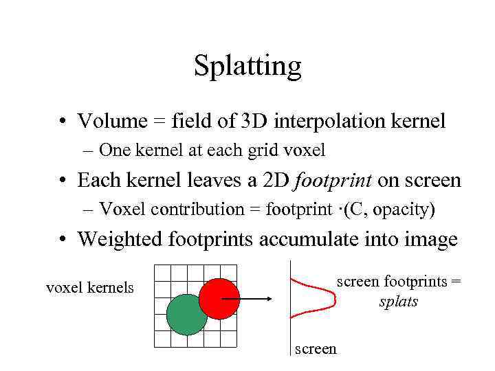 Splatting • Volume = field of 3 D interpolation kernel – One kernel at