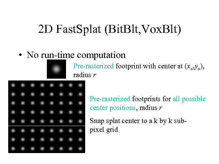 2 D Fast. Splat (Bit. Blt, Vox. Blt) • No run-time computation Pre-rasterized footprint